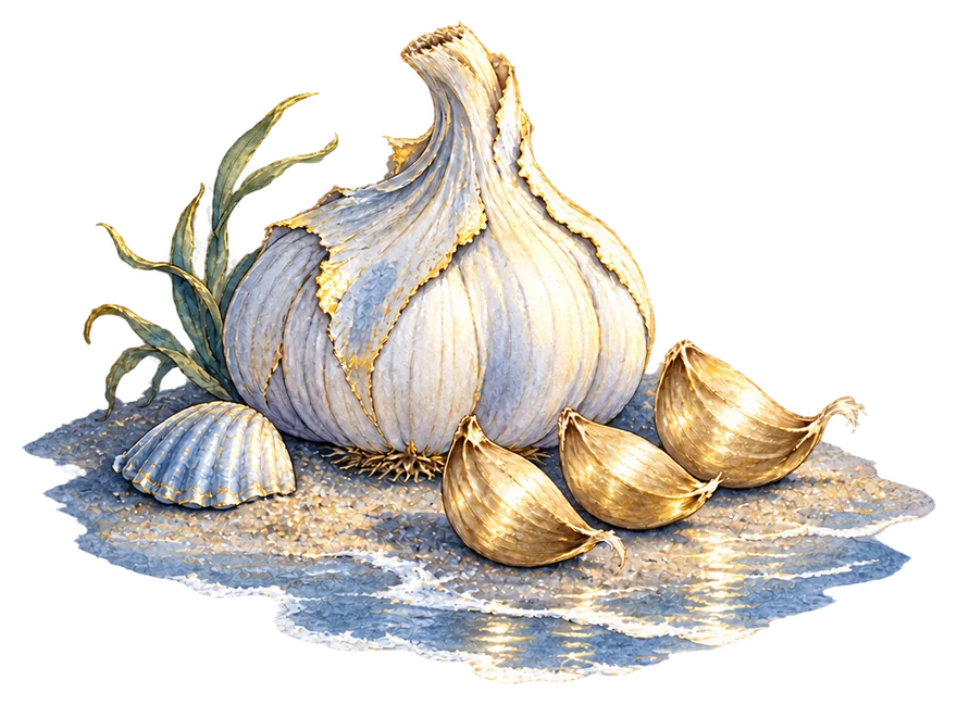A gilded garlic bulb with three separated cloves on the sand.