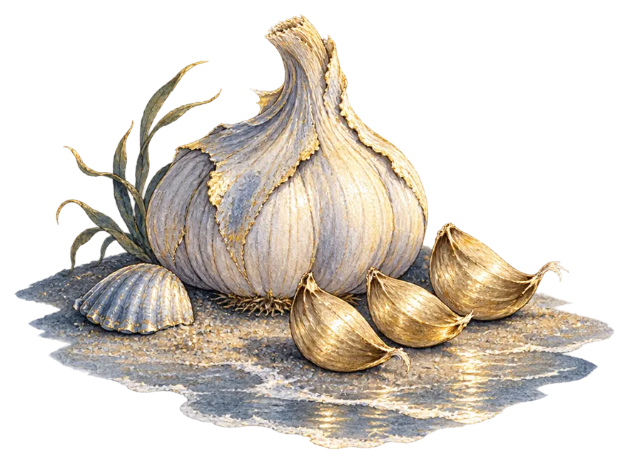 A gilded garlic bulb with three separated cloves on the sand.